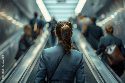 businesswoman, from the back, wearing a business suit on an escalator crowded with people on her way to work