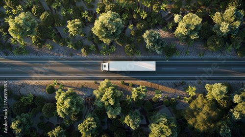 White truck with a Semi Truck is driving along the highway, aerial shot. Drone view. Cargo transport. Logistics Industry