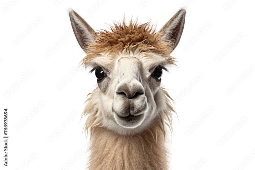 Close Up of Llama Looking at Camera. On a Clear PNG or White Background.