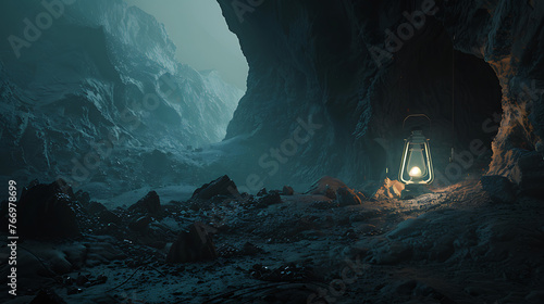An old lantern in the dark mountain cave, Lost Secrets Guiding Light