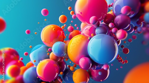 3D rendering of a colorful cluster of glossy spheres. The spheres are of various sizes and colors, and they appear to be floating in a blue void.