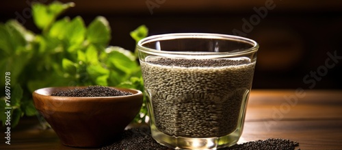 Glass with drink and chia seeds on wooden background photo