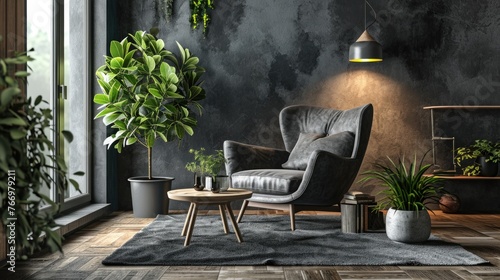 Modern Scandinavian Living Room Interior with Armchair and Coffee Table Decor