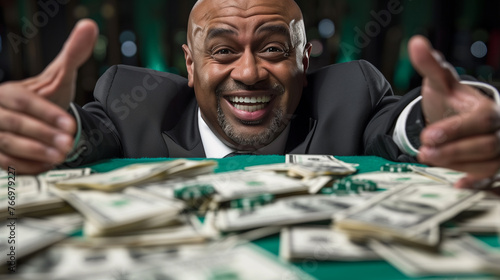 Financial Triumph. A suited man, sits at a green table strewn with stacks of cash. happy man screams because he won casino money.