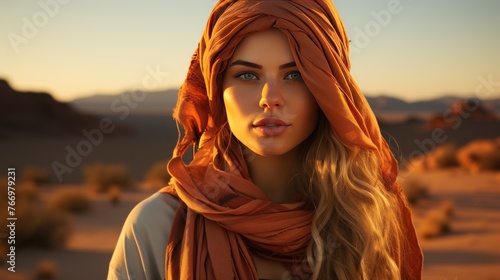 woman in stands in the desert and looks at the sunset