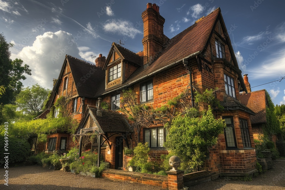 Traditional English Brick House in Suburban Landscape