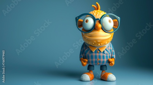 3D rendering of a funny cartoon character. The character is a yellow fish-like creature with big eyes and a wide smile.