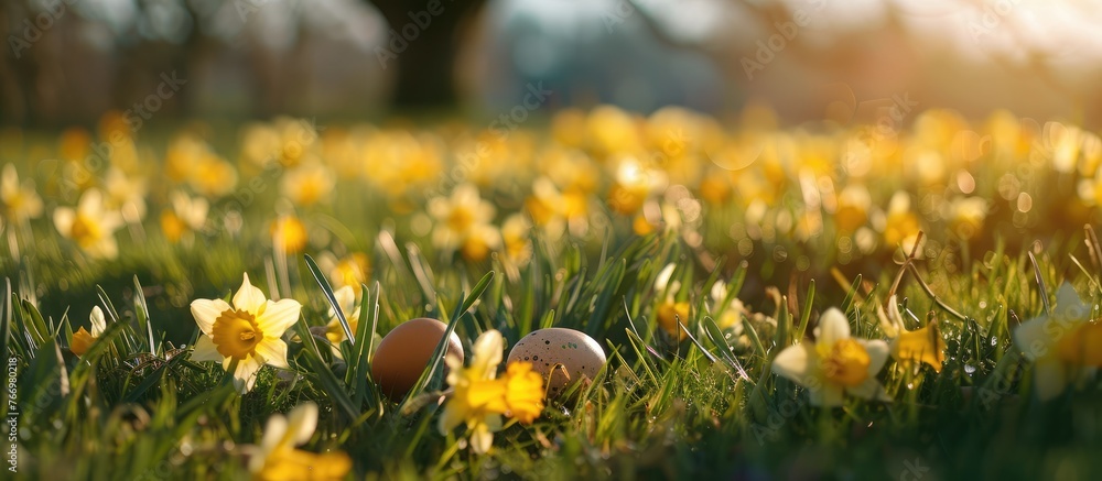 Obraz premium Easter eggs concealed among the daffodil-filled grass