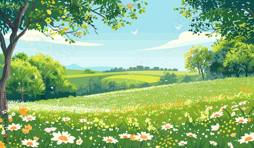 a painting of a field of flowers and trees