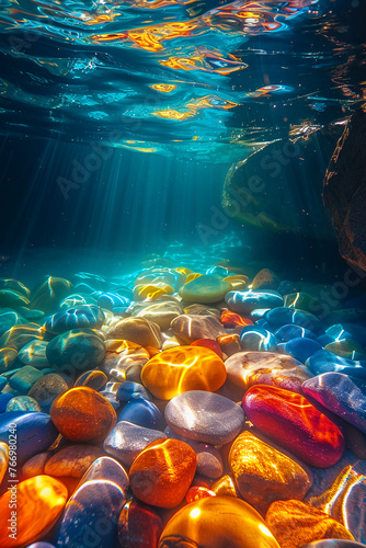 colorful small pebbles under the water. grean, yellow, blue tone. various colors. AI generative
