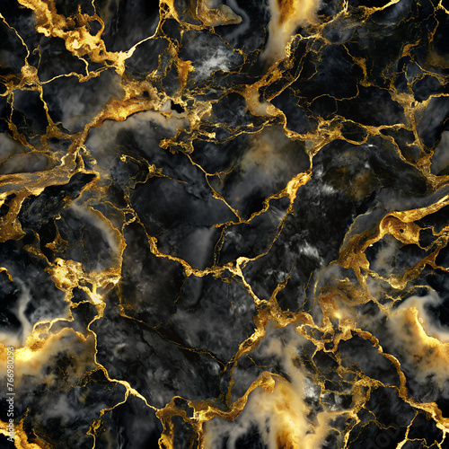 Texture background, seamless abstract marbleized texture background with full black and thin gold color effects, tiles texture