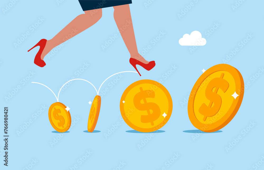 Female running on gold coins arranged in a row. Extensive financial or economic growth. Profit from the stock market or investment. Female running on gold coins arranged in a row. Extensive financial or economic growth. Profit from the stock market or investment.