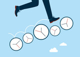 Man running on group of time clocks. Manage time for rush. Flat vector illustration