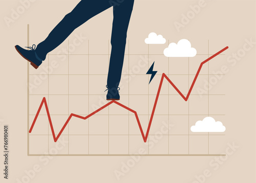 Man acrobat planning to walk on risky investment graph. Risk and uncertainty, investment volatility or stock market and crypto currency fluctuation up and down. Flat vector illustration