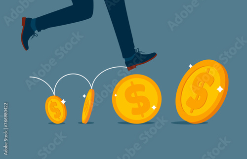 Man running on gold coins arranged in a row. Extensive financial or economic growth. Profit from the stock market or investment. Flat vector illustration