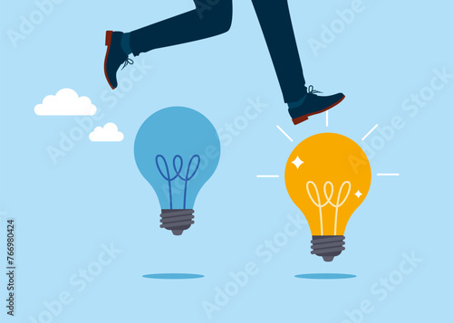 Man jump from old to new shiny lightbulb idea. Business transformation, change management or transition to better innovative company. Flat vector illustration