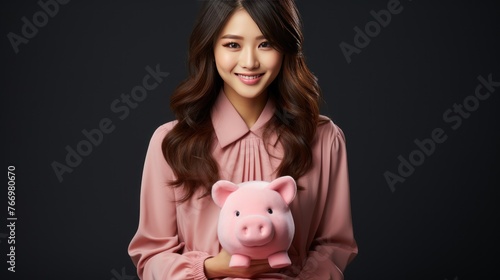 Woman with mobile phone and big piggy bank on white background