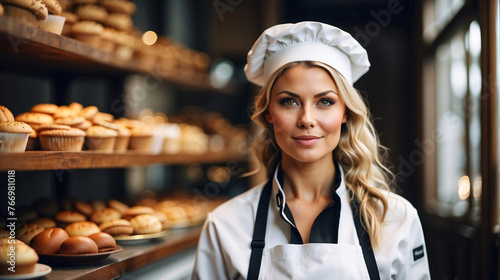 A radiant blonde female chef stands ready to work in a professional kitchen setting