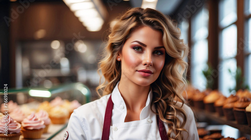 A sophisticated female pastry chef dressed in a bakery uniform stands in front of cakes