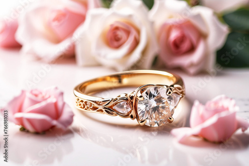 A stunning diamond engagement ring presented with pink roses, symbolizing love and commitment photo