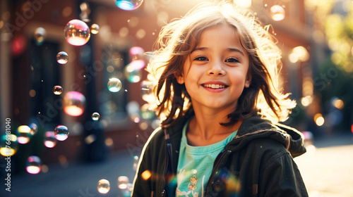 A joyful child is captured playing with soap bubbles on a sunny street, evoking happiness