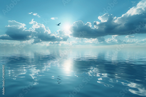calm body of water reflecting the serene sky above. In the distance. AI generative photo