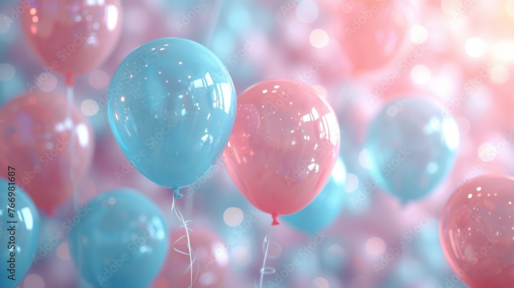 Pink and blue balloons floating gracefully against a vibrant pink and blue gradient background in stunning 3D rendering