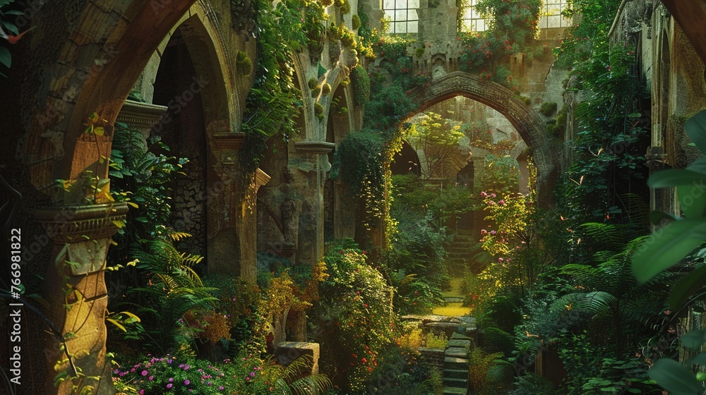 A hidden garden oasis concealed within the walls of a fortress, lush vegetation thriving amidst ancient ruins and the sound of birdsong filling the air. A hidden garden oasis concealed within the walls of a fortress, lush vegetation thriving amidst ancient ruins and the sound of birdsong filling the air.