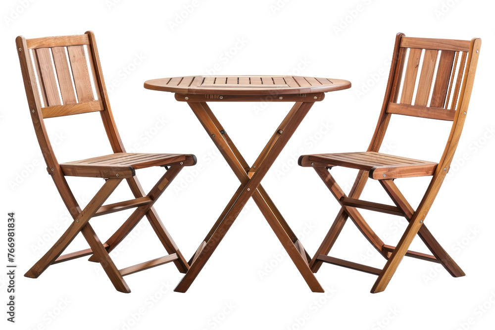 Wooden Table and Two Chairs. On a Clear PNG or White Background.