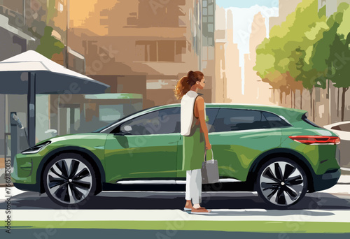 Eine Frau mit einem grünen Elektroautomobil. Moderne Stadtsilhouette. Flaches Vektor Design.