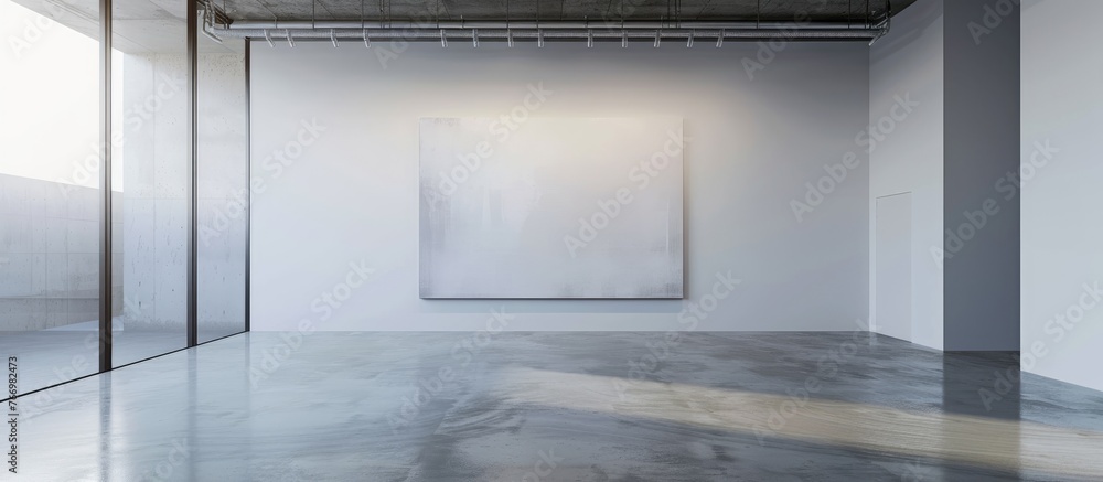 A large white painting in a simple room draws attention and prompts contemplation.