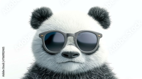 A cool panda wearing sunglasses is looking at the camera. The panda has a black and white fur coat and dark sunglasses. The background is white.