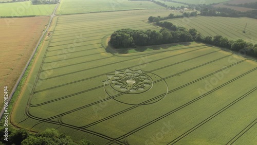 Crop Circle In Green Field, Owslebury, England - Aerial Drone Shot photo