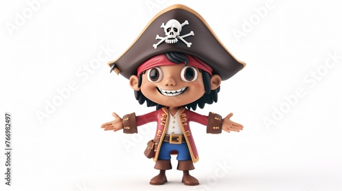 3D rendering of a cute pirate boy. The boy is wearing a red shirt, blue pants, and a brown pirate hat.