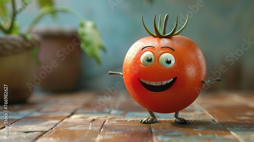 Joyful tomato character with wide eyes and an excited smile stanging on a shabby floor in a rustic setting photo