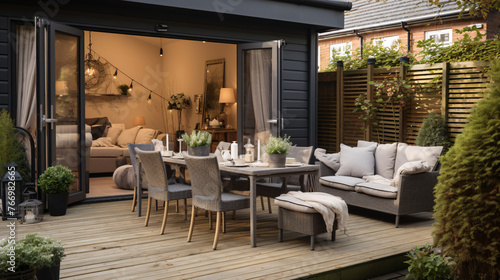 cozy terrace in the garden with wooden furniture