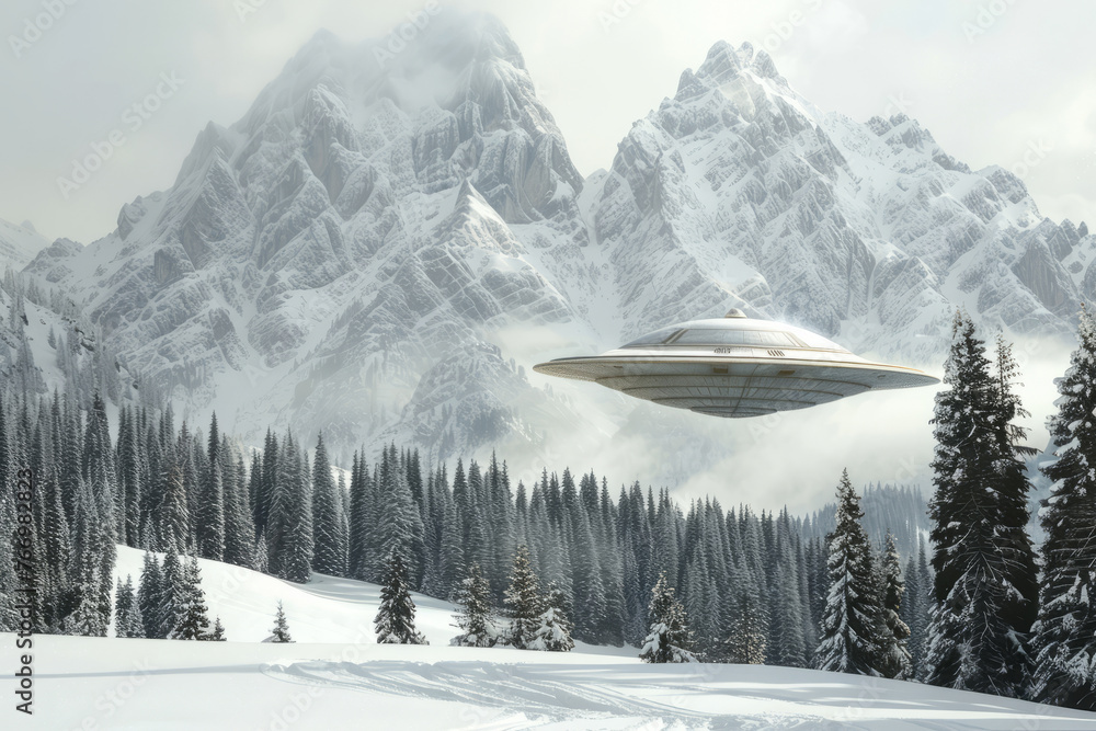 An otherworldly sight of a UFO soaring above snow-capped peaks and forests in a remote, snowy wilderness.
