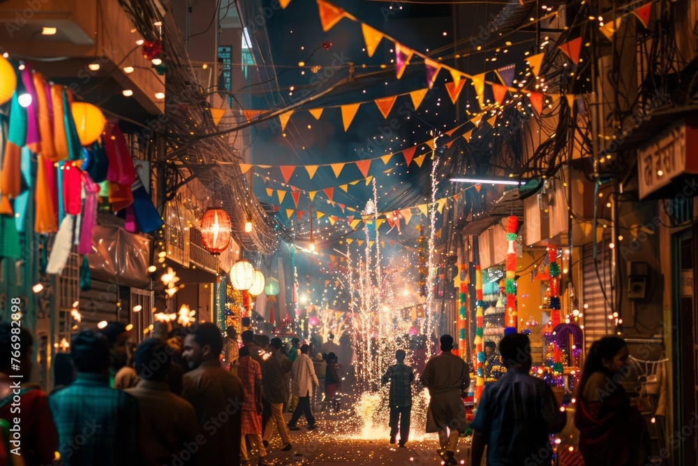 A vibrant street adorned with Indian flags, colorful banners, and traditional lanterns, showcasing people in traditional attire celebrating India's Independence Day with enthusiasm.