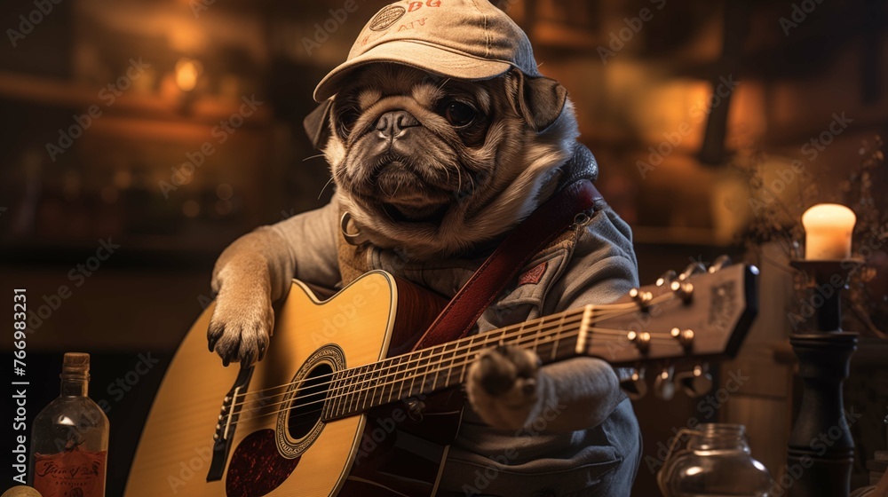 Pug in baseball cap plays acoustic guitar ai generated character anthropomorphic