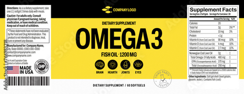 Omega 3 softgels Bottle Label vector packaging