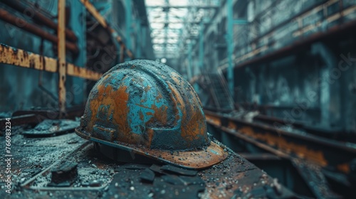 Weathered hardhat on industrial site conveying abandonment.
