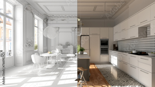 AI-generated renovation concept: Transformations of an apartment before and after restoration or refurbishment - Adding flair, functionality, and finesse  photo