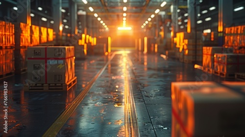 Sun setting in a warehouse with packages