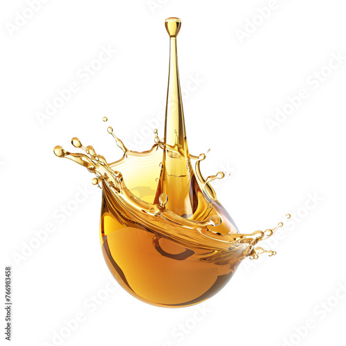 A thick gold color oil drop with splashes on an isolated background