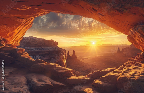 M dolmen arch in canyonlands national park  sunset through the rock formation