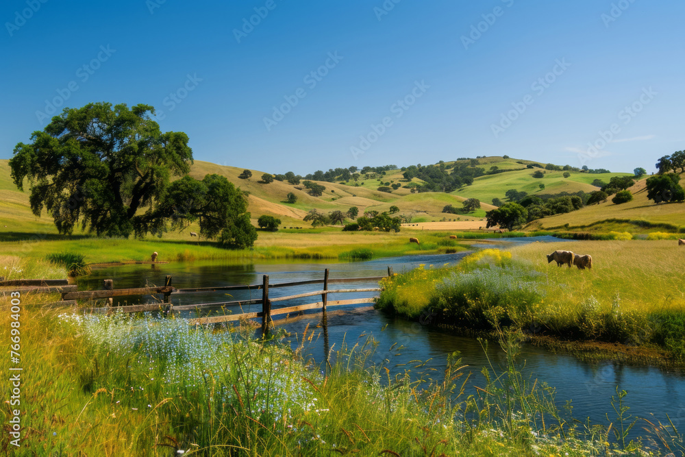 Serene, idyllic countryside landscape featuring rolling hills, meadows, and a winding river under a clear blue sky.