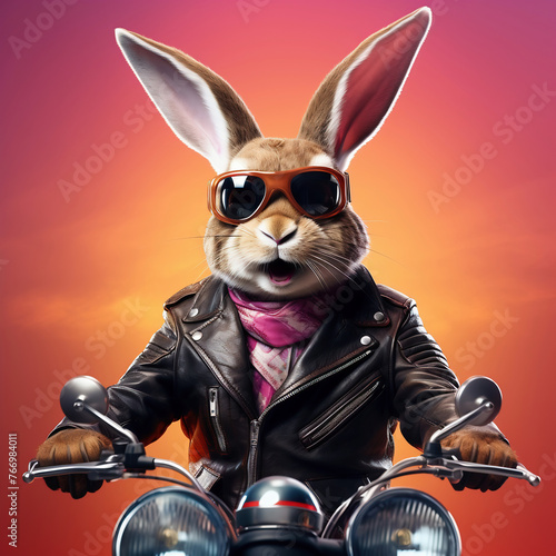 Rabbit in leather jacket and sunglasses sitting on a motorcycle. Animal concept.