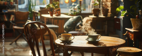 In a cozy cafe setting  steaming coffee cups sit atop a vintage wooden table  encircled by comfortable chairs and gentle lighting.