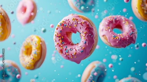 Assorted colorful donuts with sprinkles floating in the air on a white background