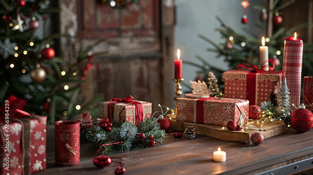 A beautiful Christmas still life with a wooden table, a Christmas tree, and a variety of Christmas decorations, including candles, ornaments, and pres